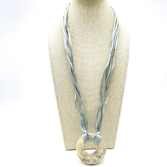 Silver Tone Pendant Necklace Multi Strand Cord Round Disc Modern Statement Artsy - Picture 1 of 8